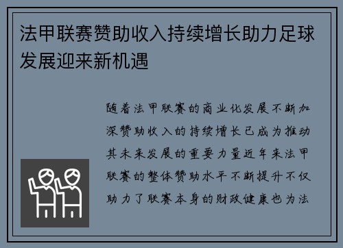 法甲联赛赞助收入持续增长助力足球发展迎来新机遇